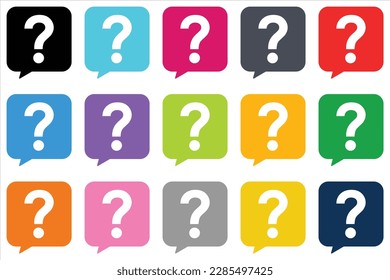 Question mark icon set, speech bubble design flat style square help symbol with various color, FAQ or query sign vector graphic illustration, colorful buttons for web, app, mobile, stamp, sticker.
