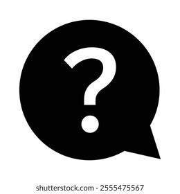 Question mark icon, speech bubble, black and white, minimalist design, high contrast, simple graphic, inquiry symbol, FAQ icon, help button, circular shape, vector illustration.