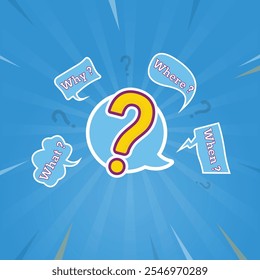 Question mark icon with what, why, where, when, question words isolated on blue background vector illustration