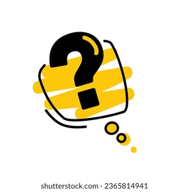 Question mark icon in yellow speech bubble with black line. Dialogue and questions sign. Vector illustration, doodle style.