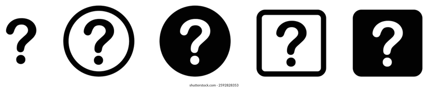 Question mark icons. Black and white question mark icons set in different shapes including circle and square, mystery and help symbol for FAQ, support, and assistance.