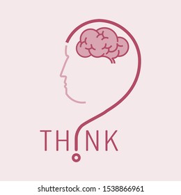 Question mark imply to human head profile with brain symbol inside as a gimmick of thought. Think typographic design. Vector illustration outline flat design style.