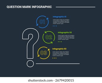 Fragezeichen infographisches Prozessdiagramm mit vertikalem Inhalt mit kreisförmigem Pfeil auf gestapelter Liste mit dunklem Hintergrund heller Umriss Stil 3 Punkte Vektor