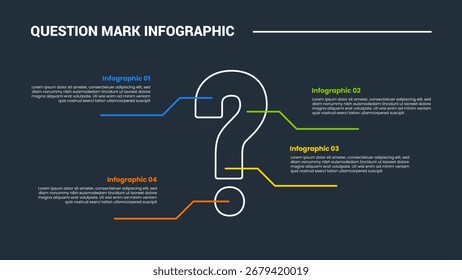 Question mark infographic process diagram with big thick shape with balance spreading content with dark background bright outline style 4 points vector