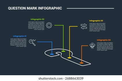 Fragezeichen infographisches Prozessdiagramm mit 3d isometrischem Zeichen mit Zeiger auf dunklem Hintergrund heller Umriss Stil 4 Punkte Vektor