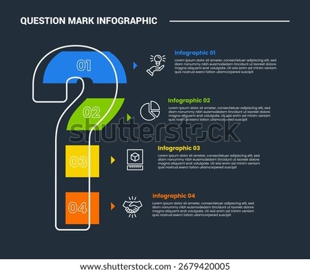 Question mark infographic process diagram with separated fill and outline with slice cut with dark background bright outline style 4 points vector