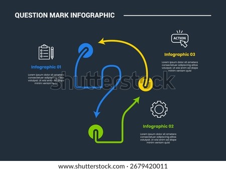 Question mark infographic process diagram with separated part with round connector with dark background bright outline style 3 points vector