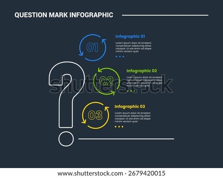 Question mark infographic process diagram with vertical content with circle arrow circular on stacked list with dark background bright outline style 3 points vector