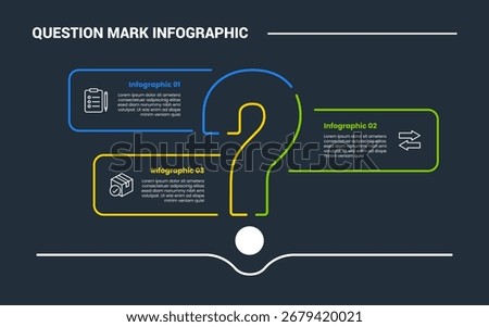 Question mark infographic process diagram with centered sign with round rectangle container box with dark background bright outline style 3 points vector