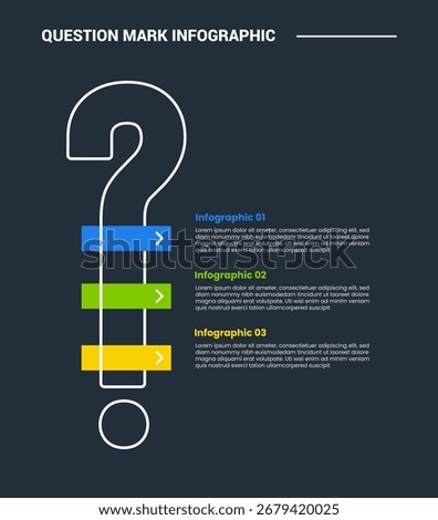 Question mark infographic process diagram with tall height vertical with rectangle box on stacked list with dark background bright outline style 3 points vector