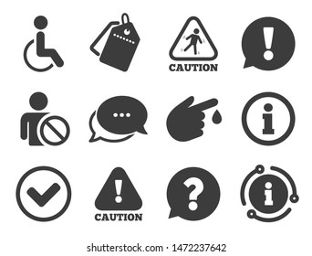 Question mark and information signs. Discount offer tag, chat, info icon. Caution and attention icons. Injury and disabled person symbols. Classic style signs set. Vector