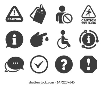Question mark and information signs. Discount offer tag, chat, info icon. Attention notification icons. Injury and disabled person symbols. Classic style signs set. Vector