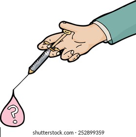 Question mark inside droplet from vaccine syringe