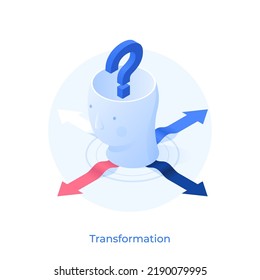Question mark inside human head and arrows pointing at four directions. Concept of internal transformation, search for problem solution. Modern vector illustration in pseudo 3d style for poster.
