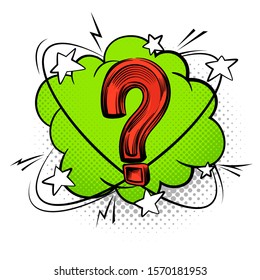 Question mark into speech bubble. Comic decorative color questioning sign vector creative discussion symbol with boom design icon