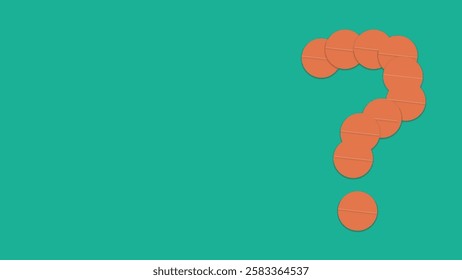 A question mark from laid out of medicine pills on turquoise background. Question mark tablet medicine for uncertain problems in drug selection and use. Medical pills with question marks.