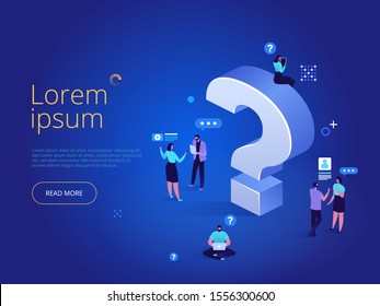 Question mark landing page template. Business people asking questions around a huge question mark. Vector illustration for web banner, infographics, mobile website