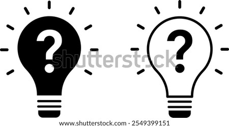 Question mark light bulb icon set.  Development, management icon set. Creative business solutions icon. management lamp concept