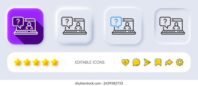Question mark line icon. Neumorphic, Flat shadow, 3d buttons. Online faq support sign. Line faq icon. Social media icons. Vector
