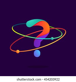Question mark logo with atoms orbits lines. Bright vector design for science, biology, physics, chemistry company.