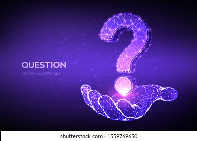 Question mark. Low poly abstract Question sign in hand. Ask symbol. Help support, faq problem symbol, think education concept, confusion search illustration or background. 3D polygonal vector.