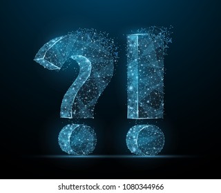 Question mark. Low poly wireframe mesh looks like constellation on dark blue background with dots and stars. Crumbled edge. Ask, help and problem symbol, illustration or background