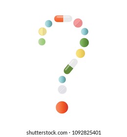 Question mark made of colored pills and capsules on white background. What medicines to choose better, what will help. Health problem concept. Vector isolated.