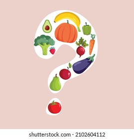 
Question Mark Made of Fruits and Vegetables Vector Cartoon Illustration. Healthy nutrition with organic farming ingredients dietary options for vegan regimen 
