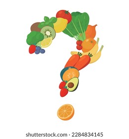 Question mark made of vegetables and fruits.