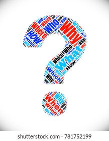 Question mark made of words what, why, when, where, who, which etc. Related tags vector illustration