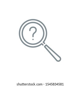 question mark with magnifier glass outline flat icon. Single quality outline logo search symbol for web design or mobile app. Thin line design logo sign. Loupe lens icon isolated on white background.
