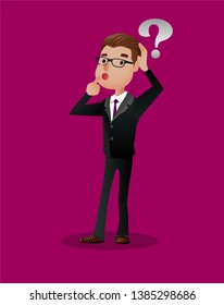  Question mark and manager. Pensive Businessman. Businessman thinking. Vector cartoon character design