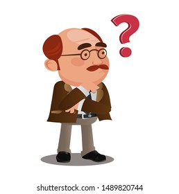 Question mark and manager. Pensive Businessman. Businessman thinking