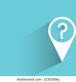 question mark in map navigation pin, blue background, flat and shadow theme design