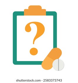 Question mark and medication use. Yellow question mark on medical board and yellow capsule and white tablet pill next to it. Question mark tablet medicine for problems in medication use.