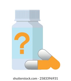 Question mark and medication use. Yellow question mark on white plastic medicine bottle and yellow and white capsules pills next to it. Question mark tablet medicine for problems in medication use.