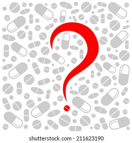 Question mark. Medicine background with pills and place for your text. Vector Illustration 