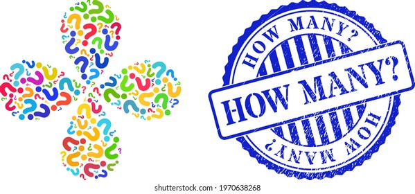 Question mark multi colored curl flower shape, and blue round HOW MANY question. textured watermark. Object curl done from scattered question mark items. Vector flower collage in flat style.