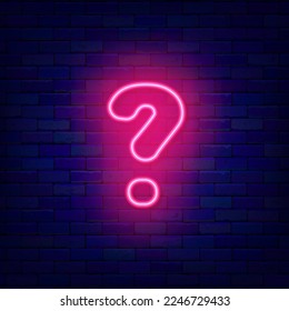 Question mark neon icon. Help and exam concept. Quiz design. Shiny effect banner. Pictogram on brick wall. Luminous label. Vector stock illustration