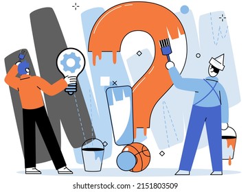Question mark, obtaining information of interest. Problem and solution concept metaphor. FAQ help. Decision of information task, ask questions and receive answers, paint ladge sign decision of doubts
