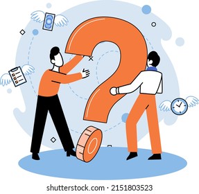 Marcador de interrogación, obteniendo información de interés. Metáfora del concepto de problema y solución. Ayuda de FAQ. Decisión de la tarea de información, hacer preguntas y recibir respuestas, pintar la escala de señalización de la decisión de dudas
