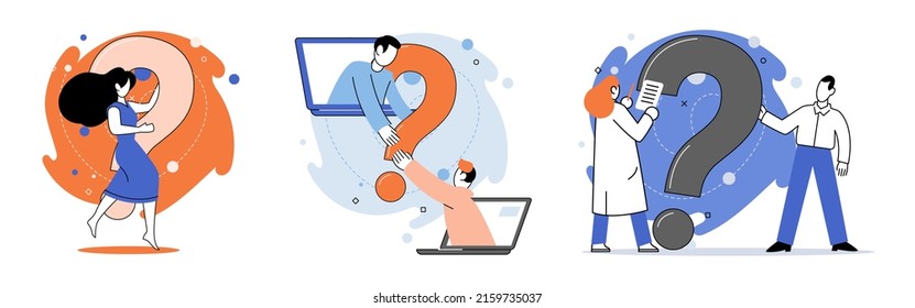 Marcador de interrogación, obteniendo información de interés. Metáfora del concepto de problema y solución. Ayuda de FAQ. Decisión de la tarea de información, hacer preguntas y recibir respuestas, pintar la escala de señalización de la decisión de dudas