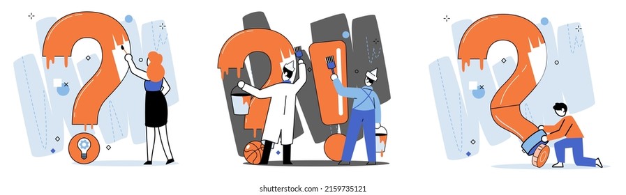 Question mark, obtaining information of interest. Problem and solution concept metaphor. FAQ help. Decision of information task, ask questions and receive answers, paint ladge sign decision of doubts