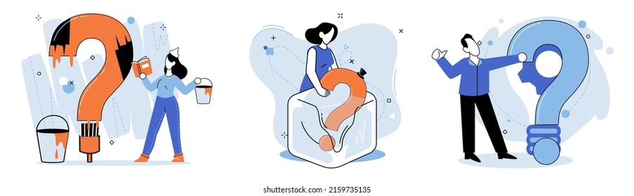 Question mark, obtaining information of interest. Problem and solution concept metaphor. FAQ help. Decision of information task, ask questions and receive answers, paint ladge sign decision of doubts
