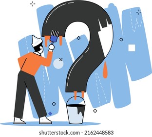 Marcador de interrogación, obteniendo información de interés. Concepto de problema y solución. Hombre buscando la decisión de la tarea de información, hacer preguntas y recibir respuestas, pintar la escala de la decisión de dudas