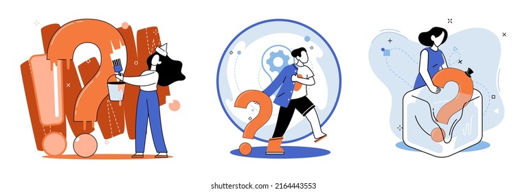 Question mark, obtaining information of interest. Problem and solution concept metaphor. FAQ help. Decision of information task, ask questions and receive answers, paint ladge sign decision of doubts