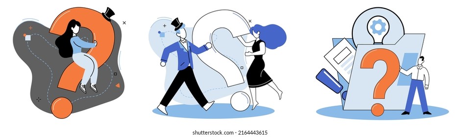 Question mark, obtaining information of interest. Problem and solution concept metaphor. FAQ help. Decision of information task, ask questions and receive answers, paint ladge sign decision of doubts