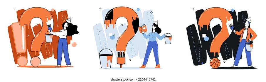 Question mark, obtaining information of interest. Problem and solution concept metaphor. FAQ help. Decision of information task, ask questions and receive answers, paint ladge sign decision of doubts