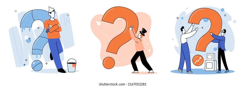 Marcador de interrogación, obteniendo información de interés. Metáfora del concepto de problema y solución. Ayuda de FAQ. Decisión de la tarea de información, hacer preguntas y recibir respuestas, pintar la escala de señalización de la decisión de dudas