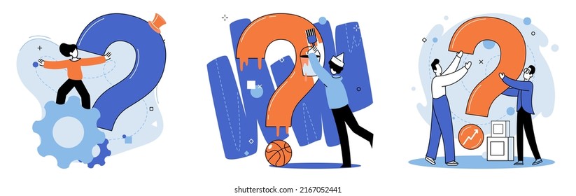 Question mark, obtaining information of interest. Problem and solution concept metaphor. FAQ help. Decision of information task, ask questions and receive answers, paint ladge sign decision of doubts